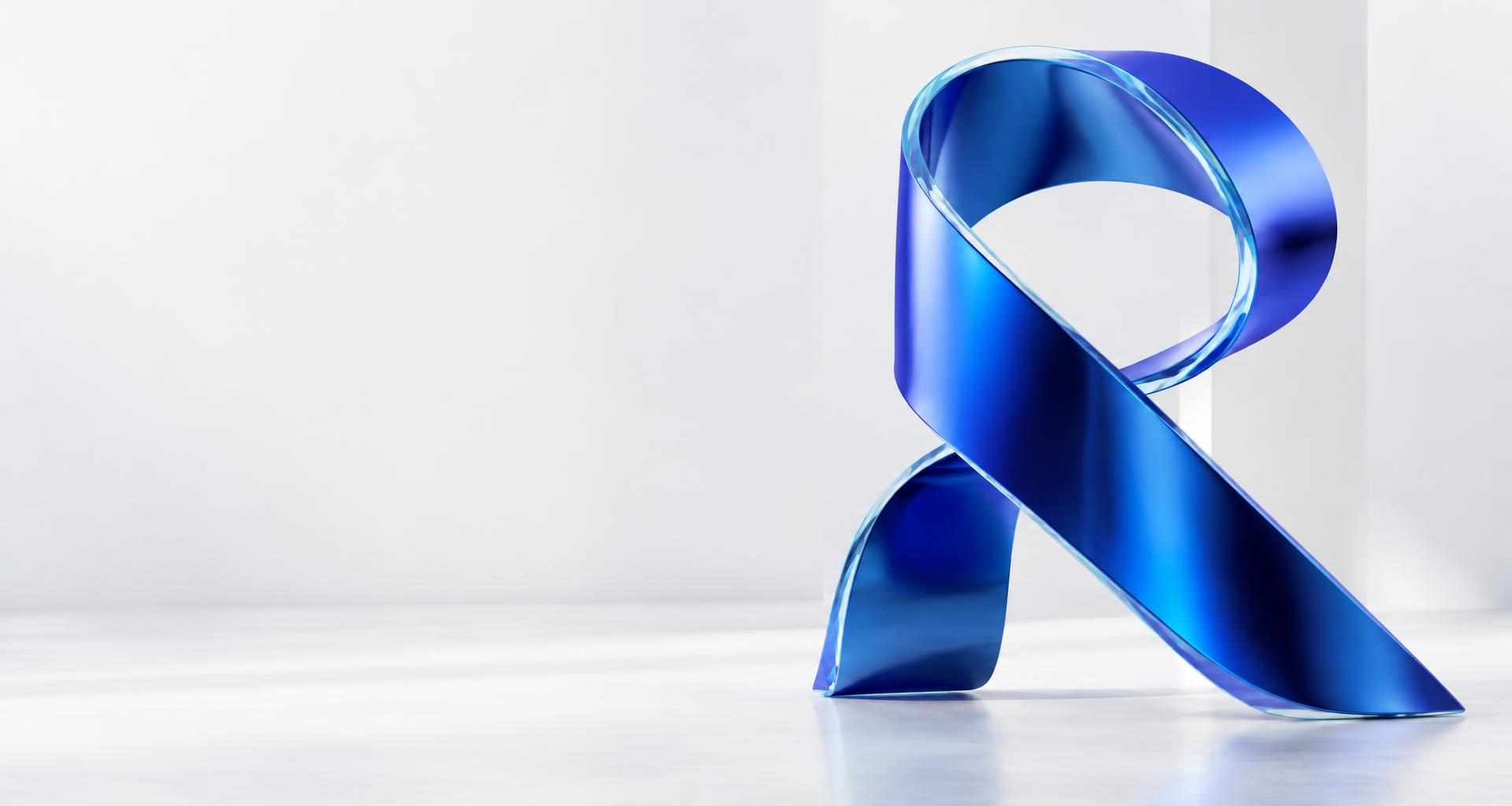 Sculptural electric-blue ribbon forming an abstract R